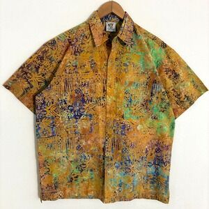 Vtg Rum Reggae Hawaiian Shirt Mens S Saffron Short Sleeve Abstract Tropical Camp